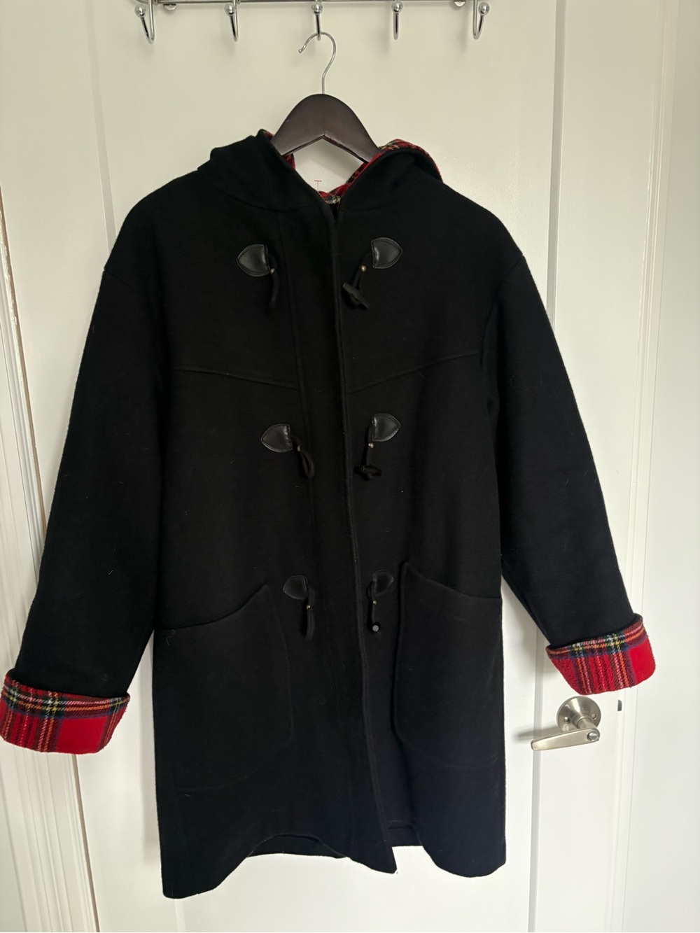 Wool Toggle Coat w Black & Red Plaid Detail